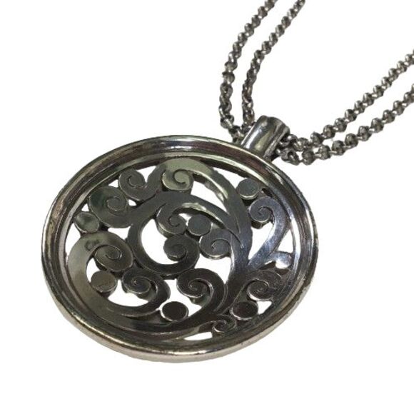 BRIGHTON Large Filagree Pendant Medallion w/ Crystals Double Chain Necklace Vtg - Picture 10 of 13